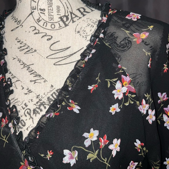 Madewell Black Floral Smocked Waist  Midi Dress/Size Large - Picture 4 of 10